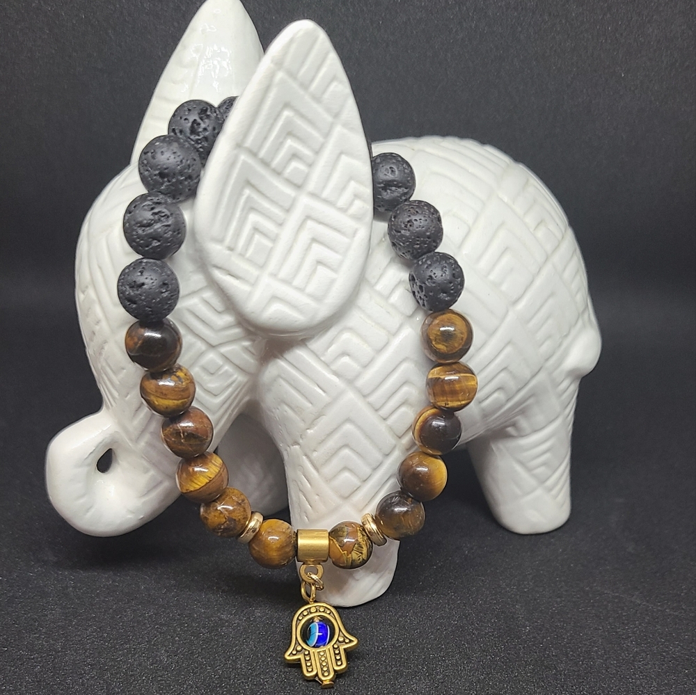 Tiger Eye and Black Lava Natural Stone Stretch Bead Bracelet with Hamsa Charm